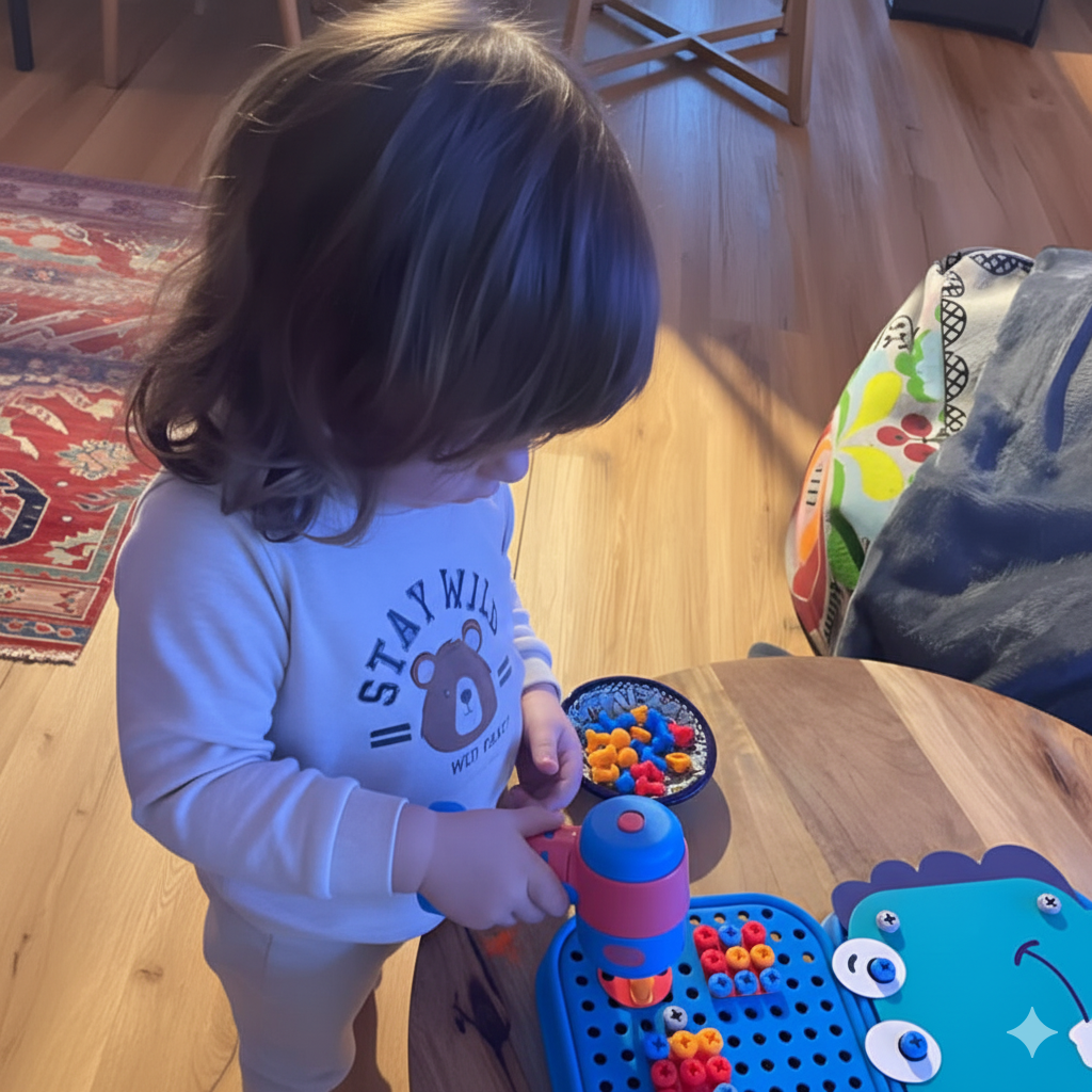 Child playing with colorful toys on a wooden floor